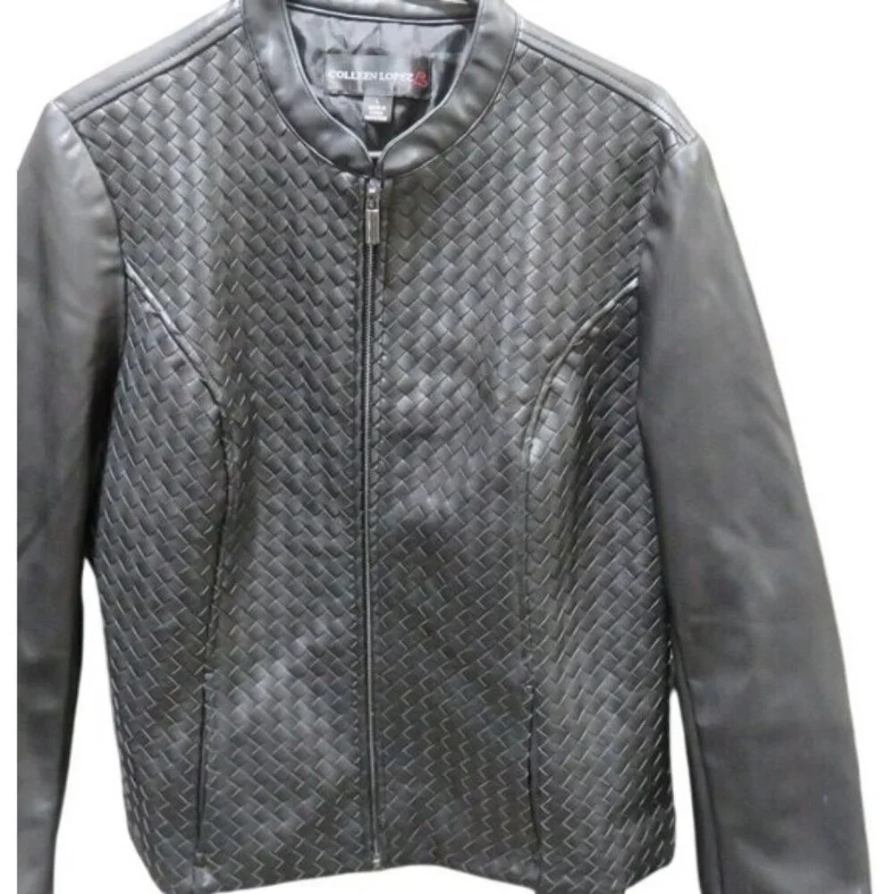 Colleen Lopez Woven Vegan Leather Jacket in Black Size Large - Picture 2 of 8